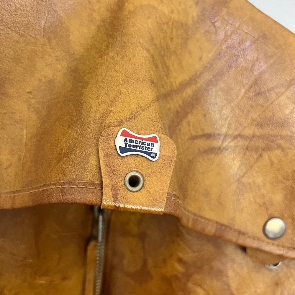 VTG Hanging American Tourister Garment Bag Tan Faux Leather Folding Travel